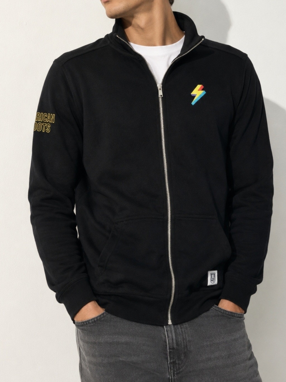 Men's Black Full-Zip Jacket with Lightning Patch
